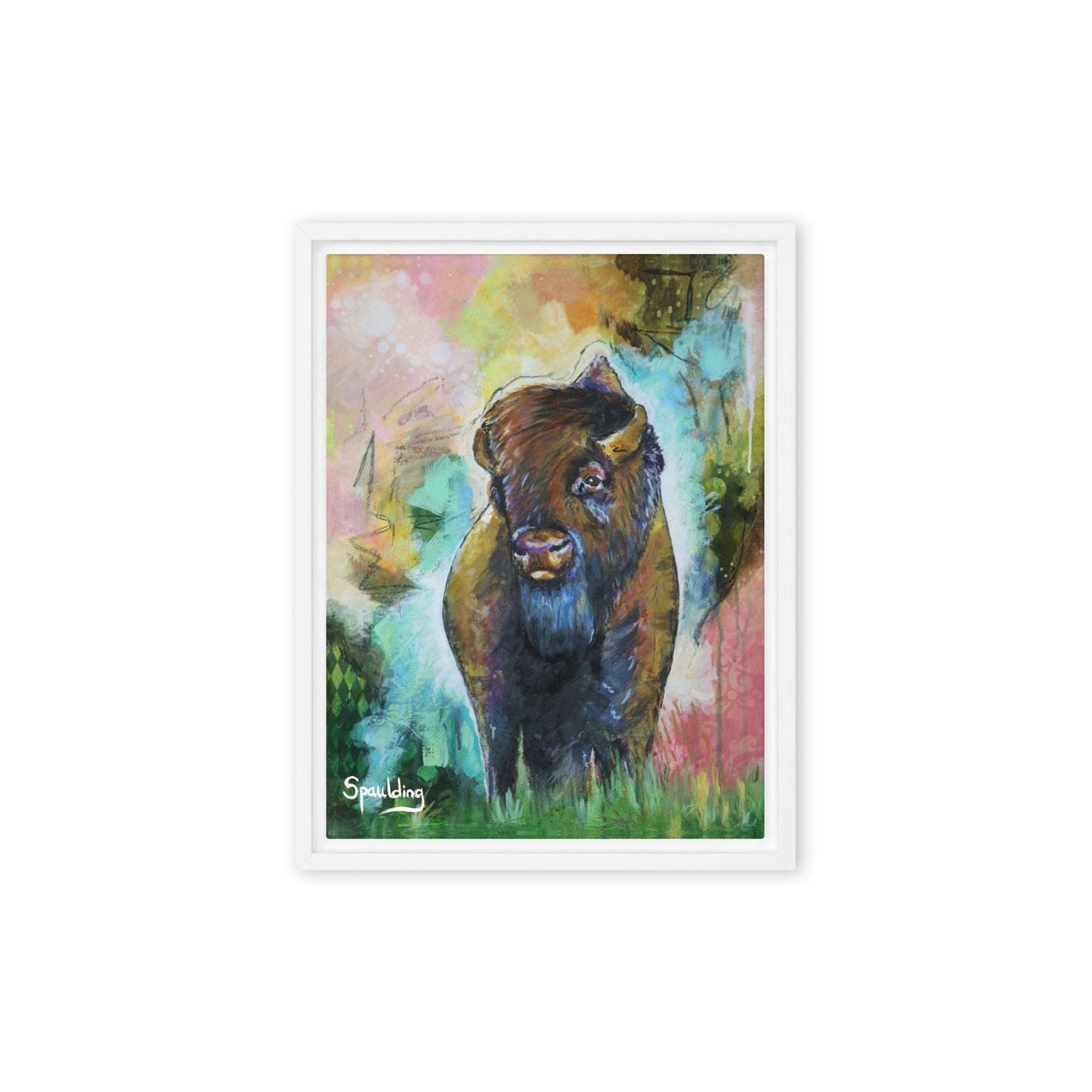 Framed canvas print with a bison standing in grass with a pink, yellow, green, teal color scheme background.