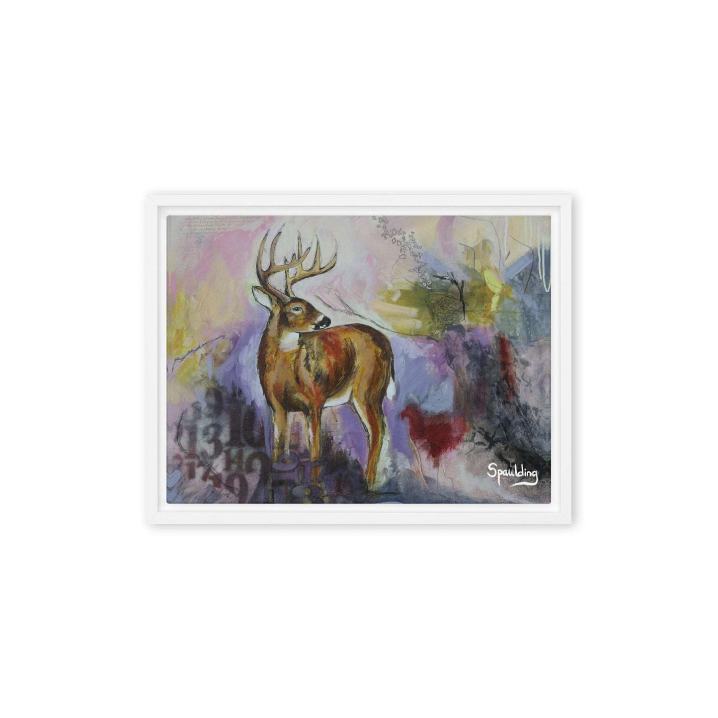 Framed canvas print of whitetail deer with a color scheme of pinks, muted purples and yellow and black.