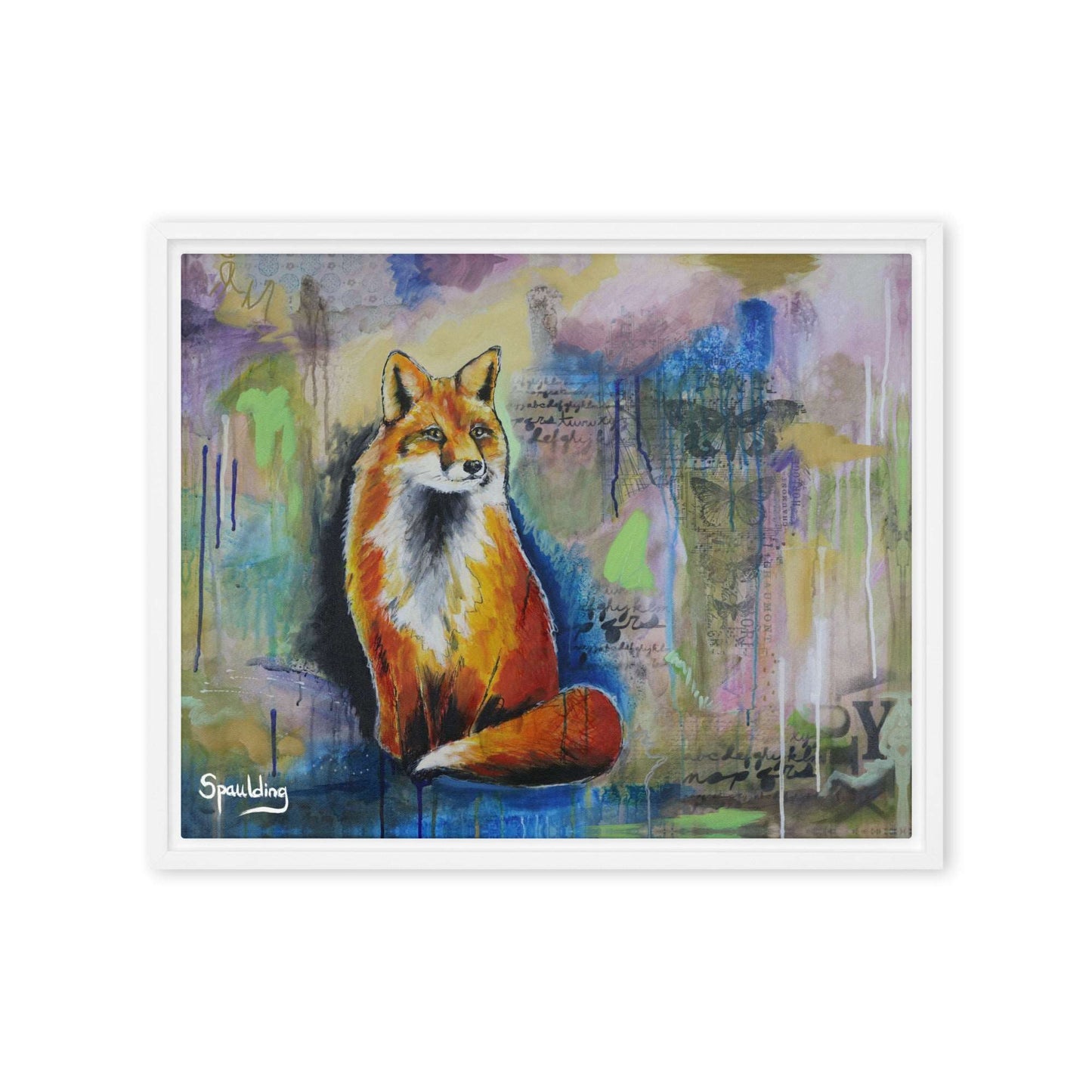 A framed canvas print of a red fox with a bushy tail sitting on a wall, surrounded by blue, green, and pink colors.