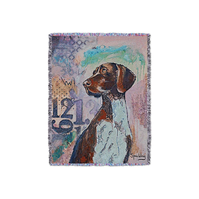 Painting of a dog with brown and white markings, looking to the side. Background features abstract numbers and colorful shapes, signed "Spaulding."