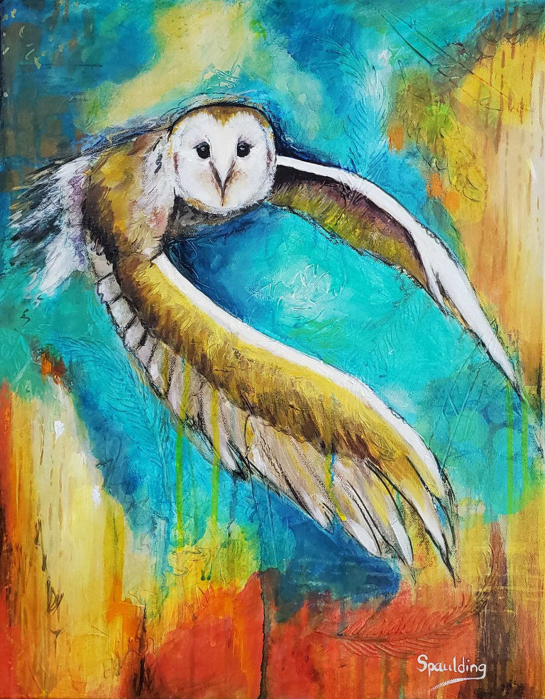 A vibrant painting of a barn owl in flight on a teal, orange, and yellow abstract background. The owl's wide wings convey grace and motion.