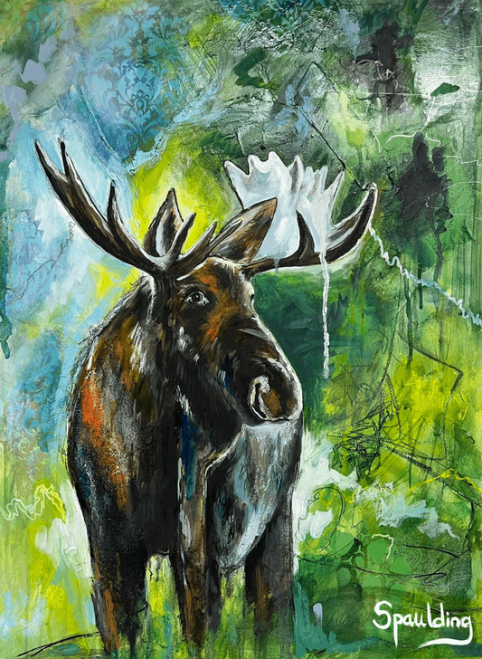 Abstract painting of a moose with large antlers in a vibrant forest. The backdrop is a blend of blue, green, and yellow hues, creating a lively, natural scene.