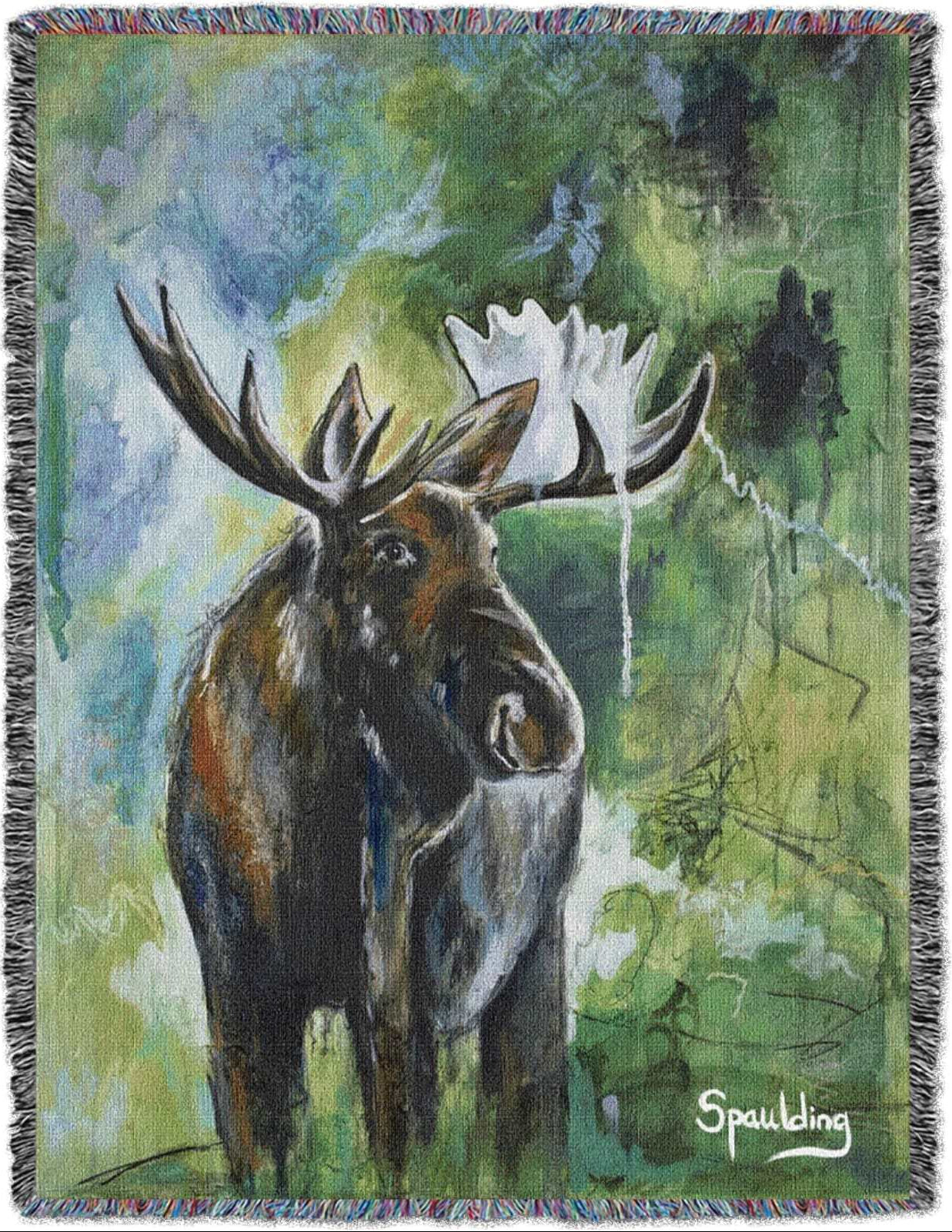 Moose with antlers, greens, and yellow color scheme woven throw blanket: Nature-inspired comfort for wildlife enthusiasts.