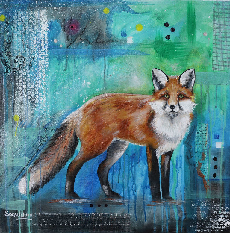 Painting of a red fox standing on a vibrant blue and green textured background. The scene feels mystical and serene, with abstract patterns.