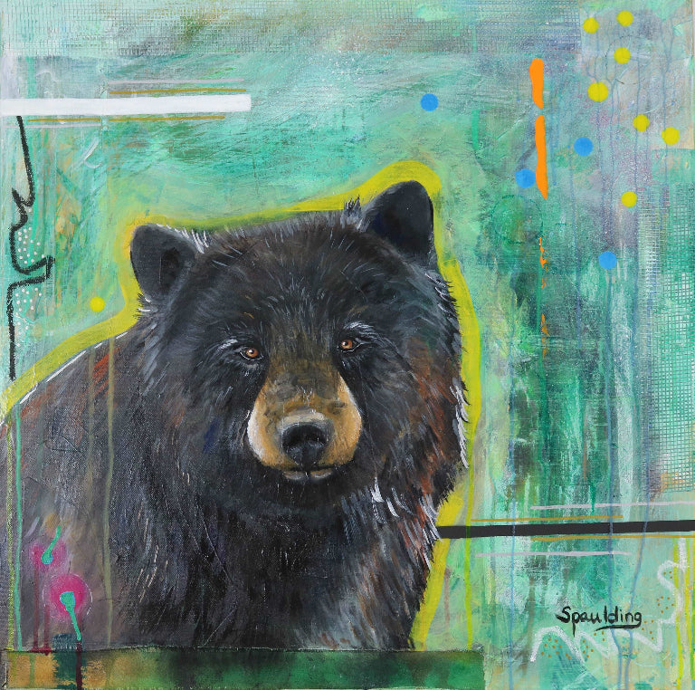 A black bear with intense eyes is painted against a vibrant, abstract green background, accented with yellow, blue, and orange dots and strokes.