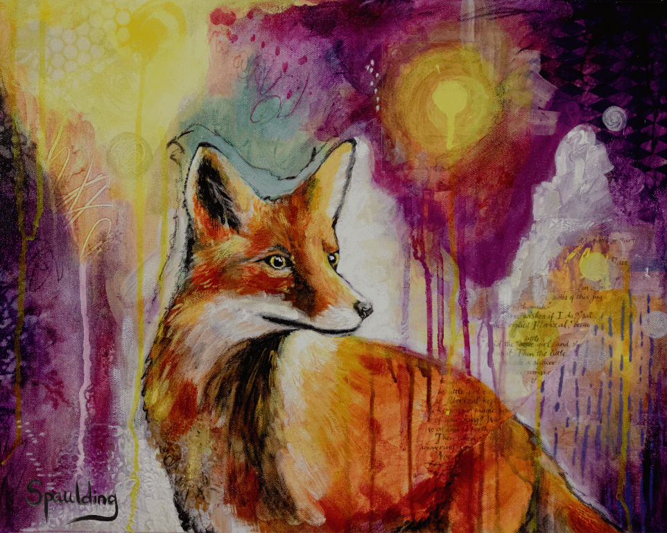 A vibrant painting features a fox with orange fur and alert eyes, set against a colorful abstract background of purples, yellows, and whites.