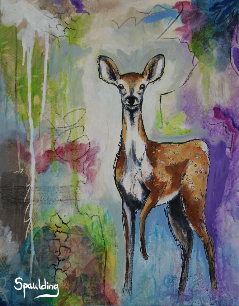 A deer stands gracefully against a vibrant, abstract background of swirling colors and textures. The mood is lively and artistic.