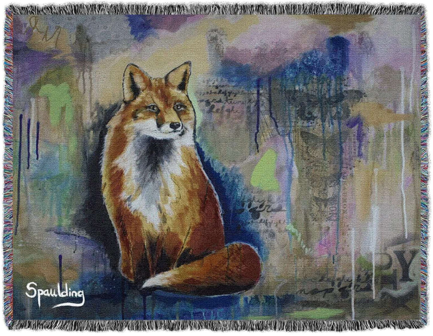 Fox sitting, blues, and muted green tans color scheme woven throw blanket: Nature-inspired comfort for wildlife enthusiasts.