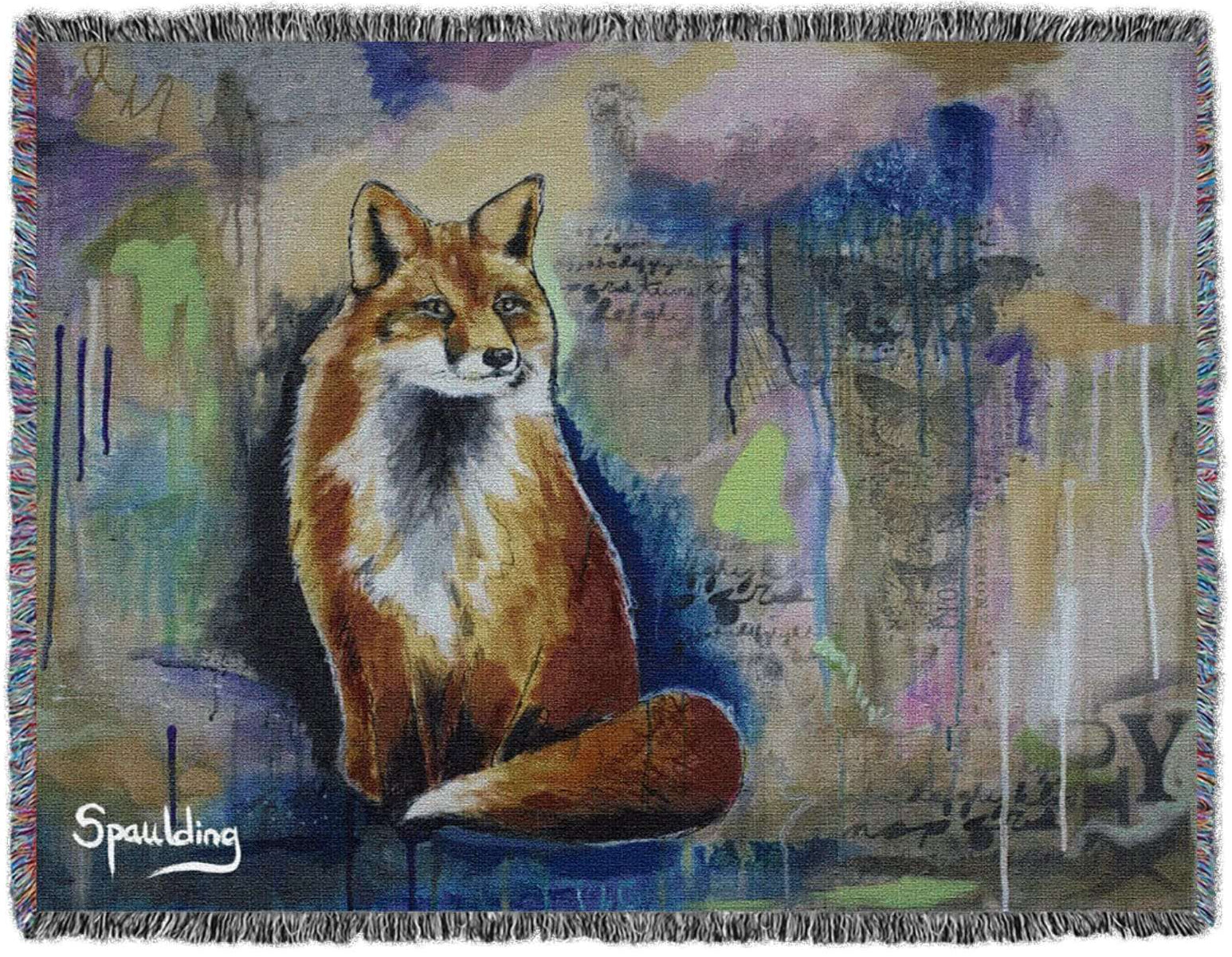 Fox sitting, blues, and muted green tans color scheme woven throw blanket: Nature-inspired comfort for wildlife enthusiasts.