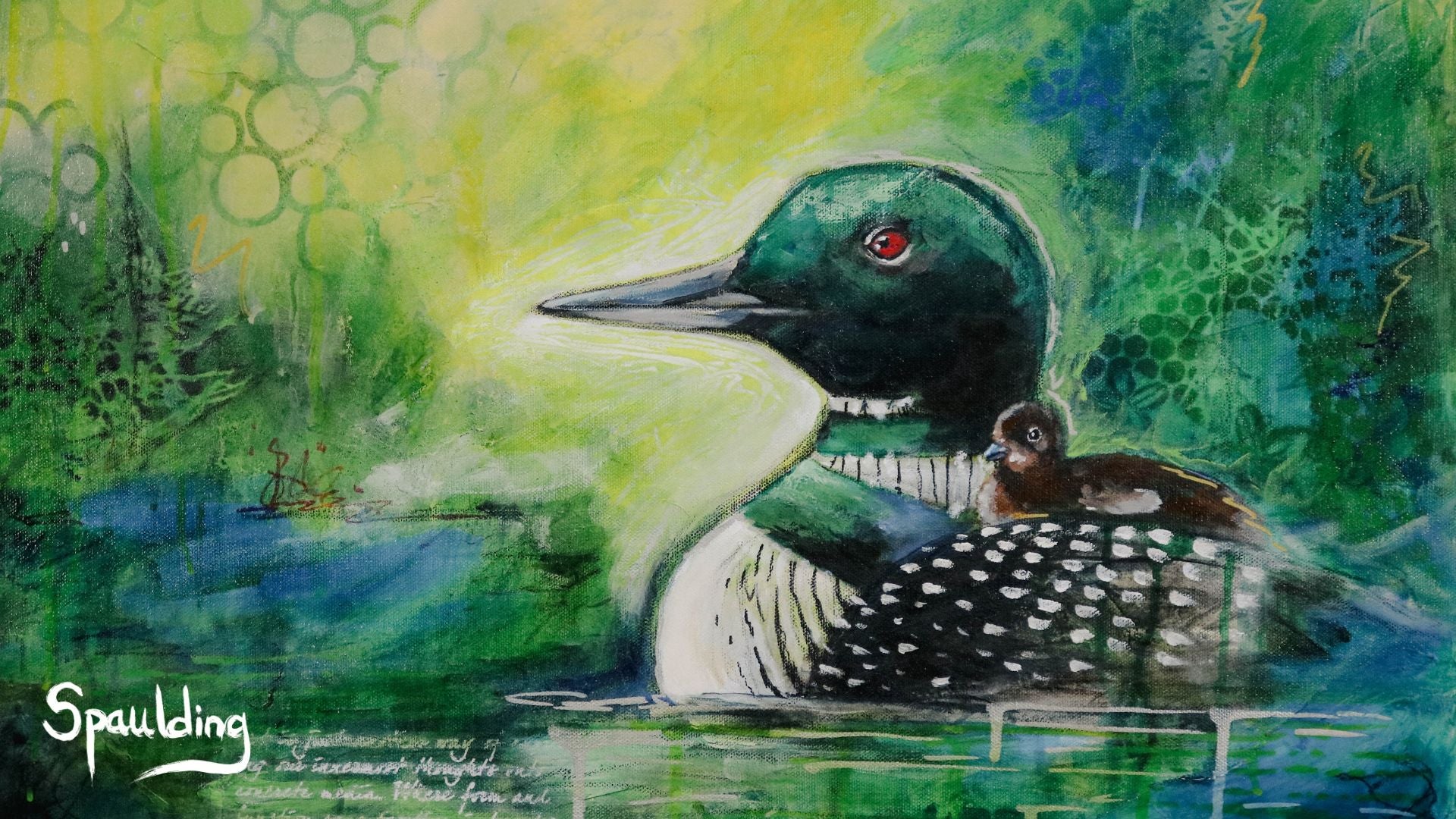 Watercolor painting of a loon with a chick on a lake