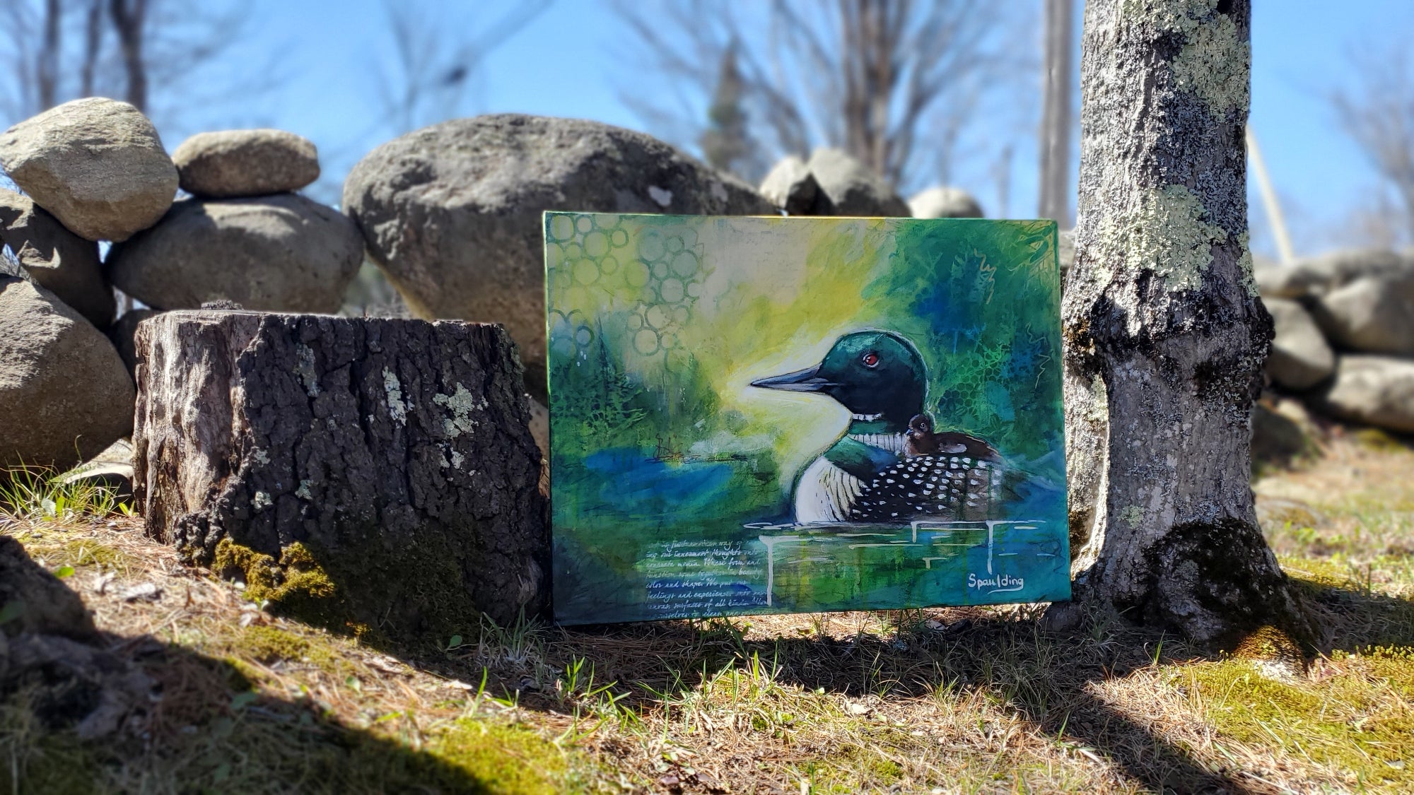 A vibrant painting of a loon displayed outdoors, leaning against a tree stump. The background features rocks, grass, and a clear blue sky. The scene suggests a peaceful, natural setting.