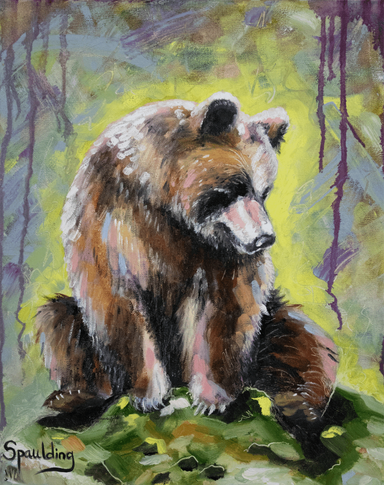 A contemplative brown bear sits amid vibrant greenery, set against a soft, pastel background. The mood is serene and reflective.