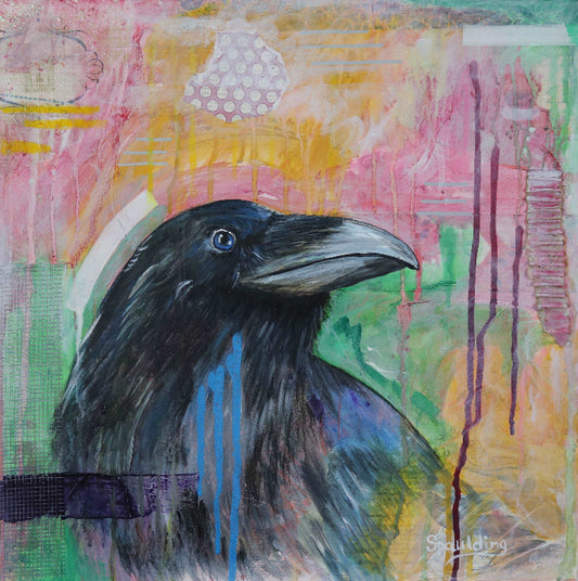 A vibrant painting of a black crow with a piercing gaze, set against a colorful abstract background of pink, yellow, and green tones. The image conveys a sense of mystery and creativity.