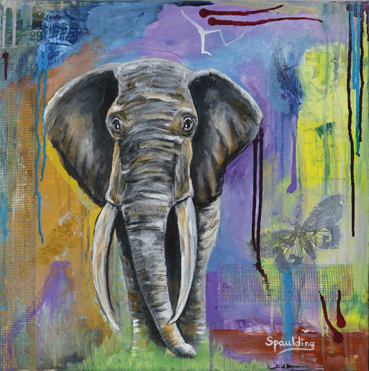 Colorful abstract painting of a realistic elephant with large tusks. The background features bold splashes of blue, yellow, and purple with drips and patterns, conveying vibrancy and creativity.