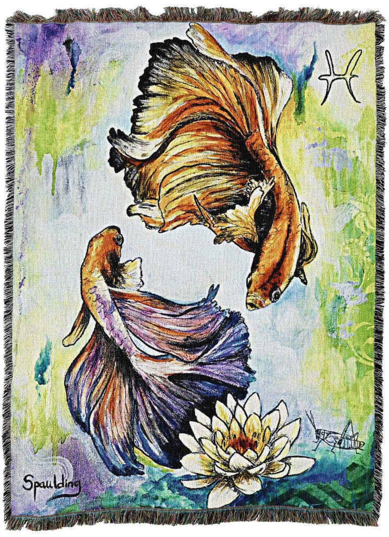 Colorful illustration of two vibrant, flowing fish swimming around a blue dot, with a serene water lily below. Pisces symbol is in the top right.