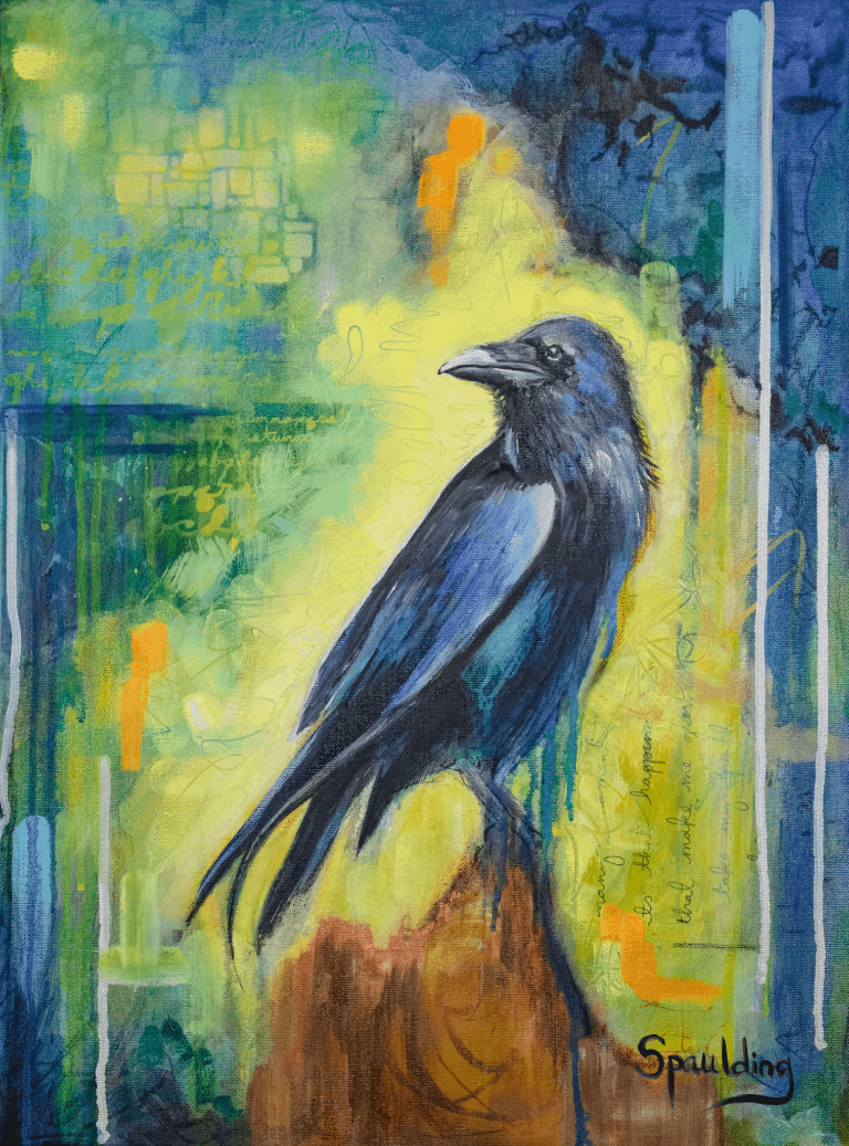 A crow with rich blue and black feathers is perched on a branch. The vibrant background features abstract swirls of yellow, green, and blue, creating a mystical tone.