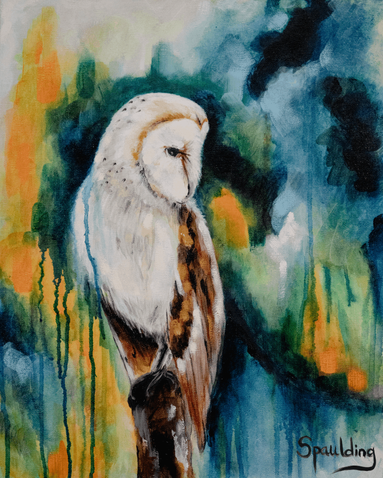 Painting of a barn owl perched against a vibrant abstract background of blues, greens, and oranges. The owl appears serene and elegant.