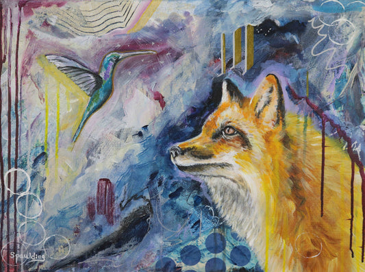 A vibrant abstract painting features a fox gazing right, surrounded by swirling colors. A hummingbird flutters in the upper left, adding dynamic movement.