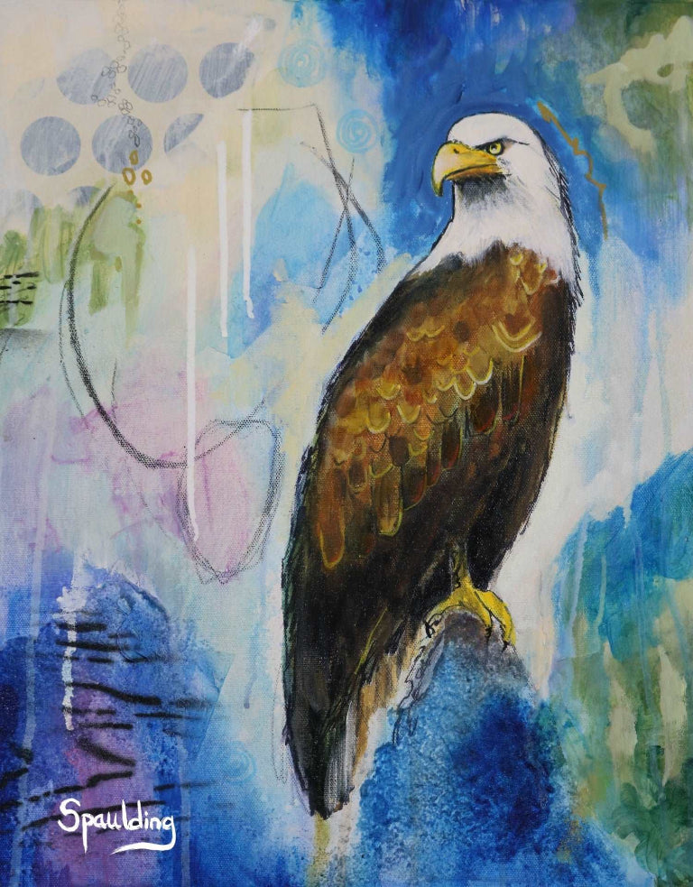 A vibrant painting of a bald eagle perched on a rock, set against an abstract background of blue, green, and yellow hues. The eagle's eyes are intense.