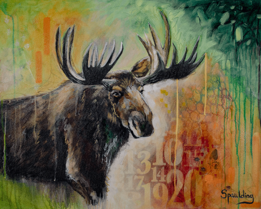 A colorful painting of a moose with large antlers against a textured background. Numbers and abstract patterns in green, yellow, and orange create a dynamic, vibrant atmosphere.