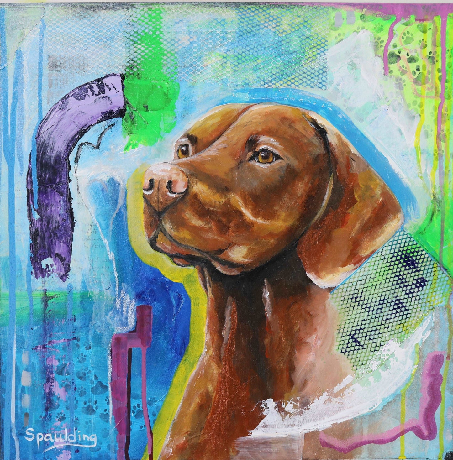 Painting of a brown dog with earnest eyes against a blue and green abstract background.