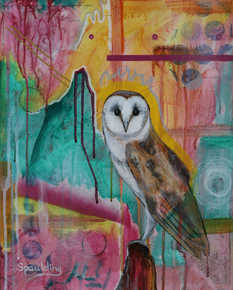 A barn owl perches on a post against a colorful abstract background with bold pinks, teals, and yellows, creating a vibrant, dreamlike atmosphere.