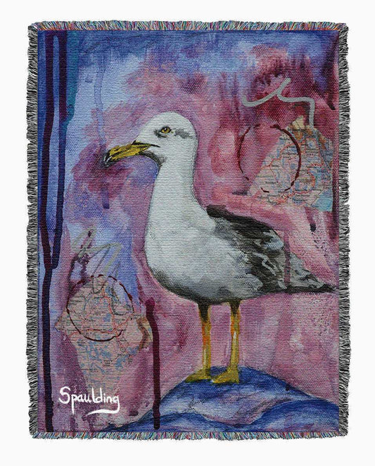 White grey seagull bird with yellow legs, blues and purples color scheme woven throw blanket: Nature-inspired comfort for bird enthusiasts.