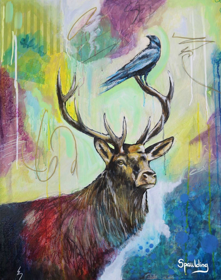 A vibrant painting depicts a stag with large antlers on which a bluebird perches. The background features abstract splashes of color, creating a whimsical and serene atmosphere.