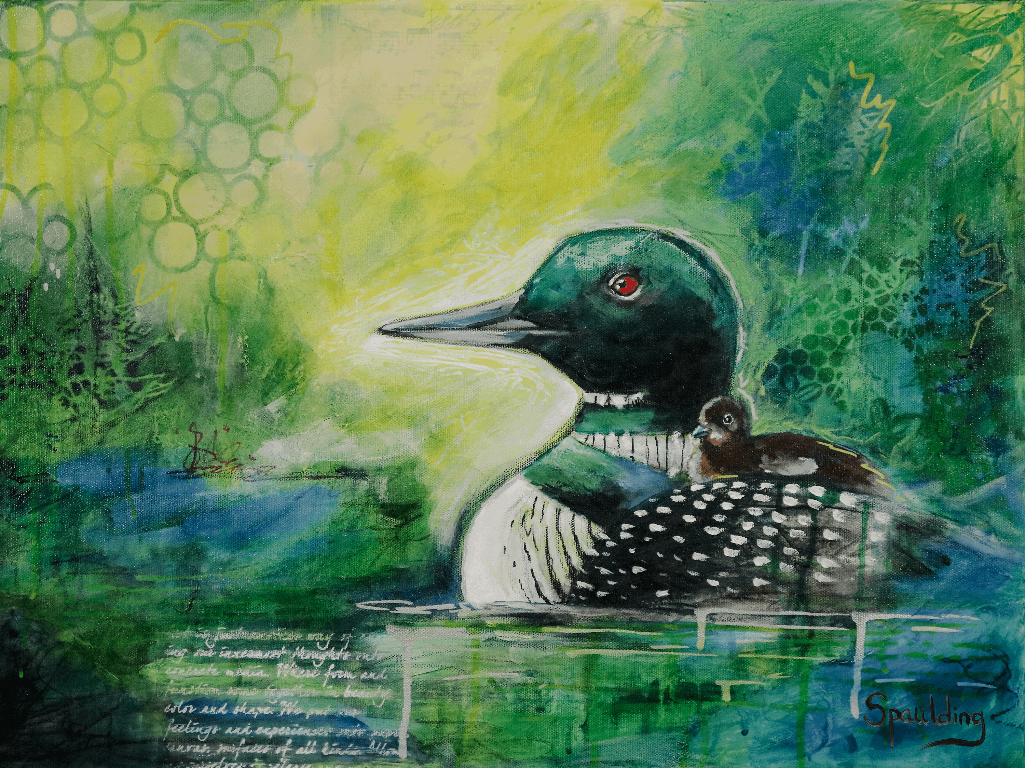 A serene painting of a loon with a chick on its back, set against a vibrant green and yellow abstract background. The mood is peaceful and harmonious.